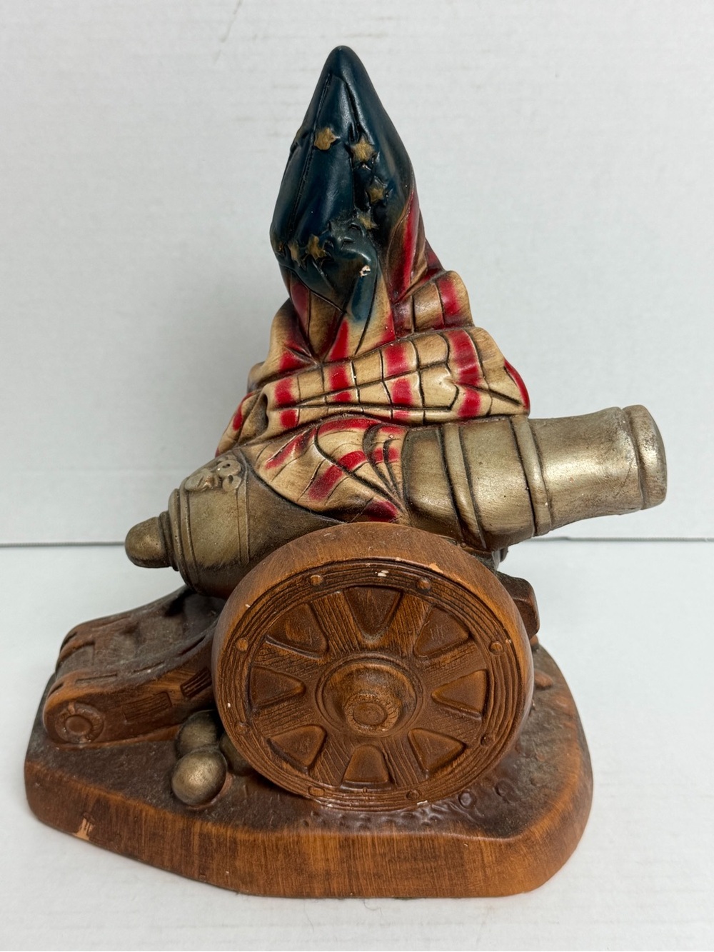 Rare Vintage Patriotic Betsy Ross Flag and Cannon Chalkware Statue Heavy Carved